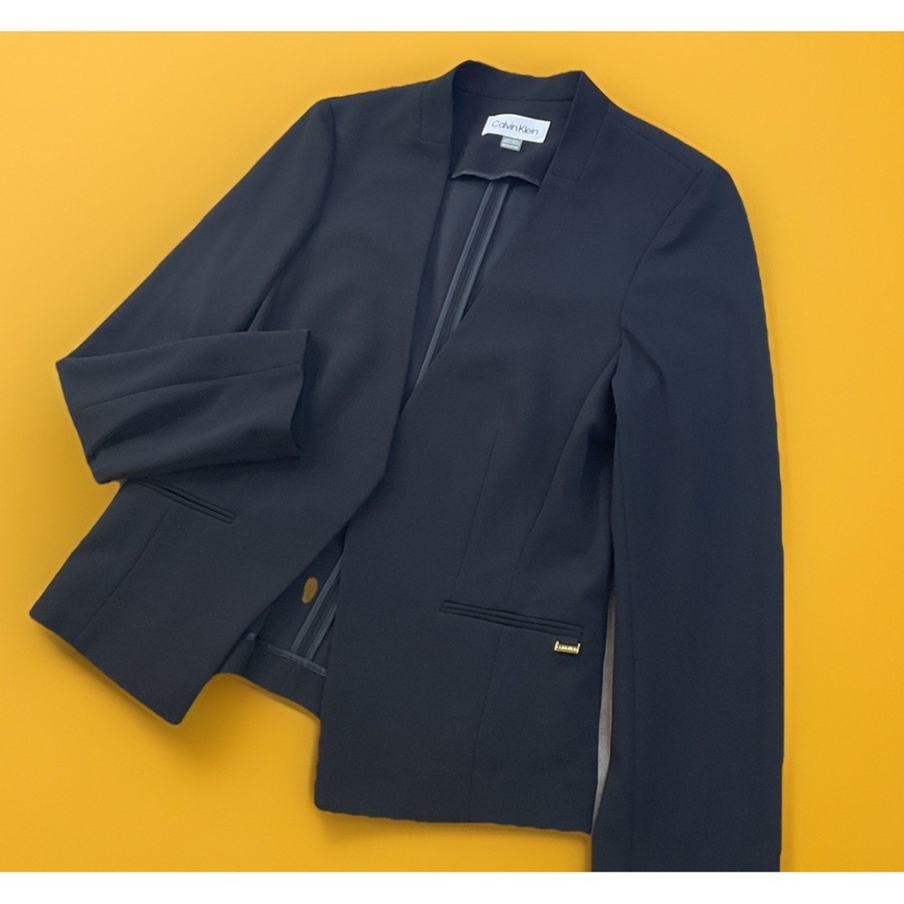 Calvin Klein Blazer Open Front Scuba Crepe Jacket Black Women Petite Size 14P